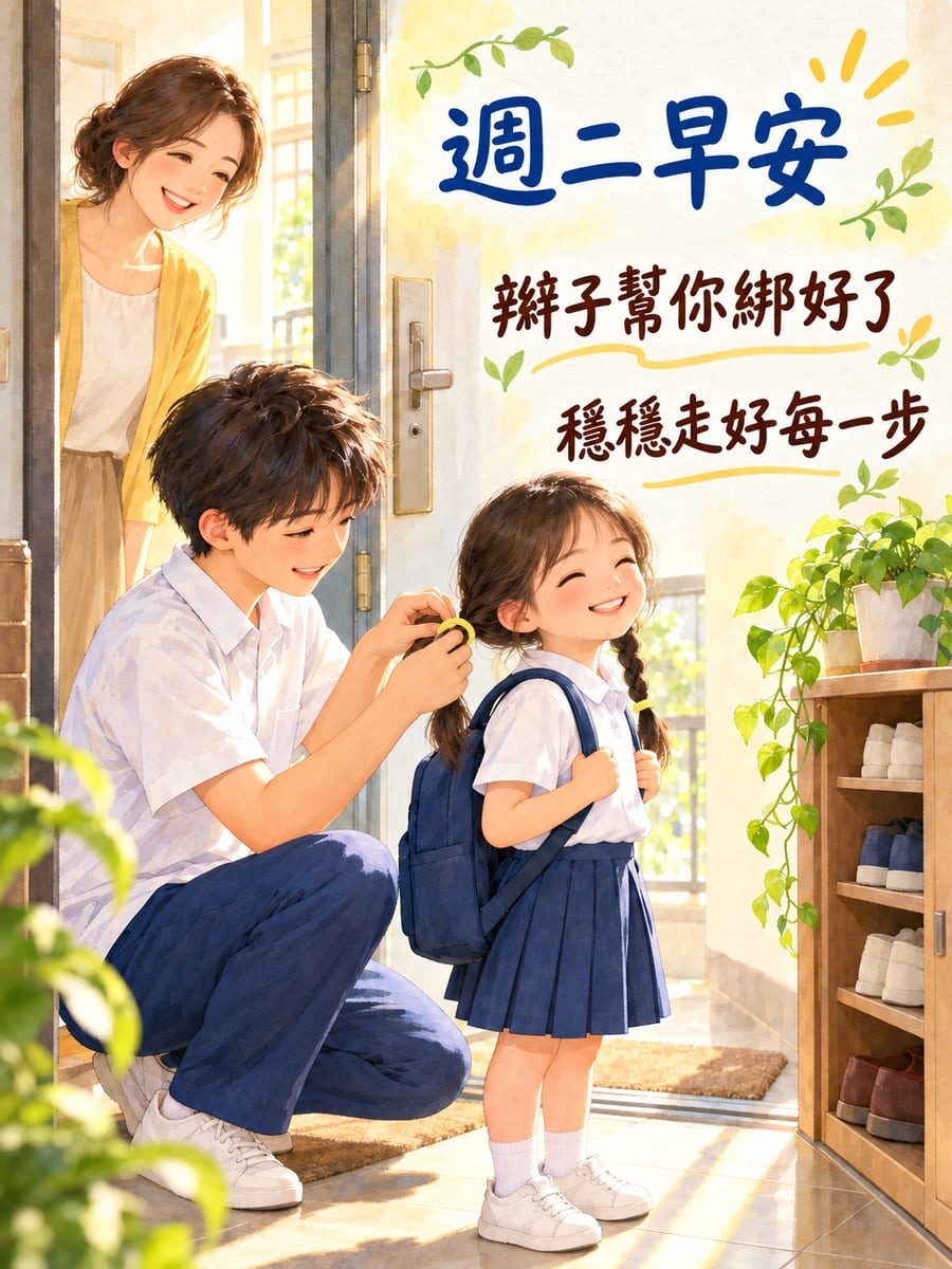 哥哥替妹妹綁辮子。圖中文字：週二早安，辮子幫你綁好了，穩穩走好每一步