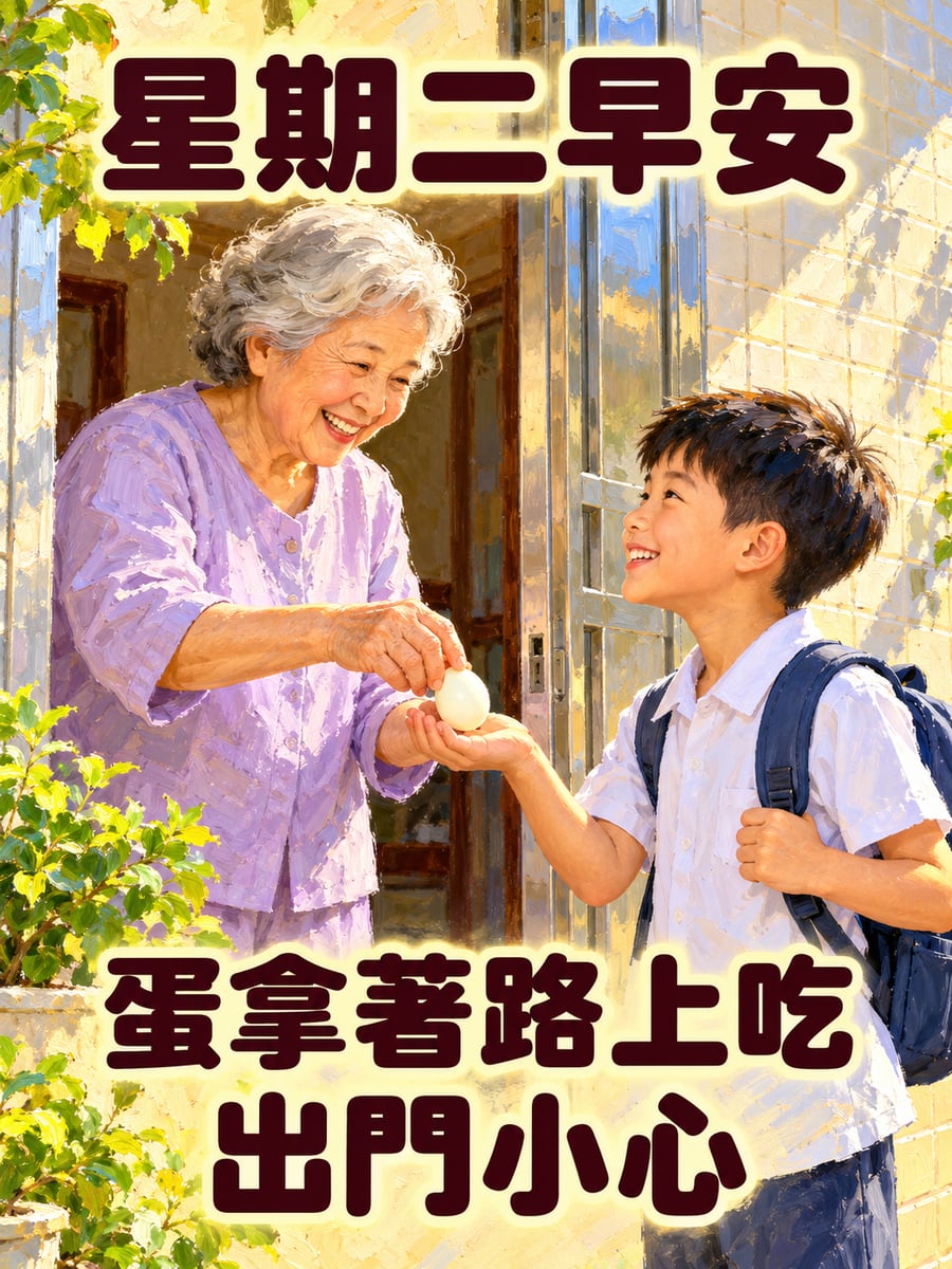 阿嬤塞給孫子一顆水煮蛋。圖中文字：星期二早安，蛋拿著路上吃，出門小心