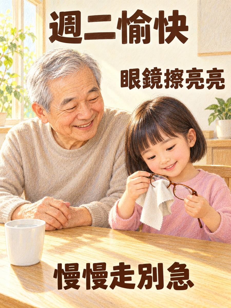 孫女替阿公擦眼鏡。圖中文字：週二愉快，眼鏡擦亮亮，慢慢走別急