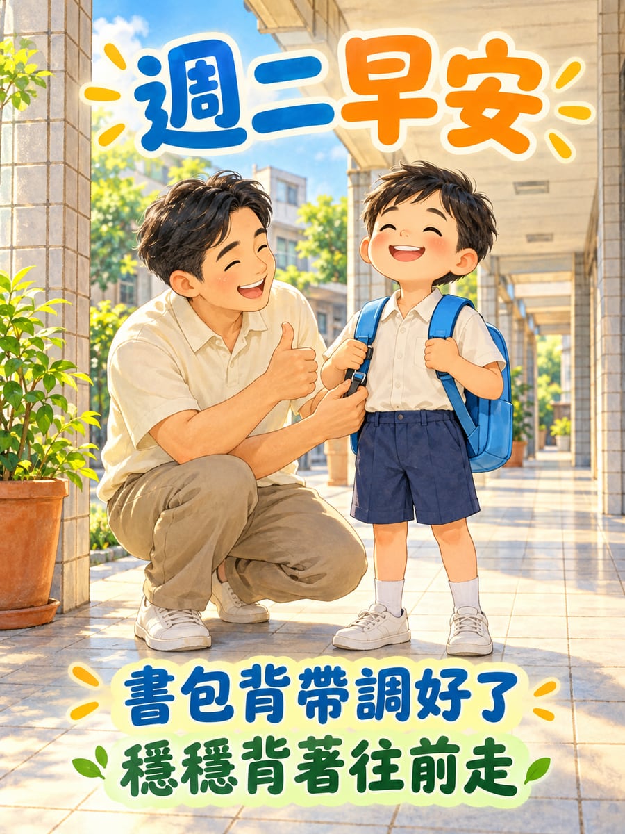 爸爸調好書包背帶。圖中文字：週二早安，書包背帶調好了，穩穩背著往前走