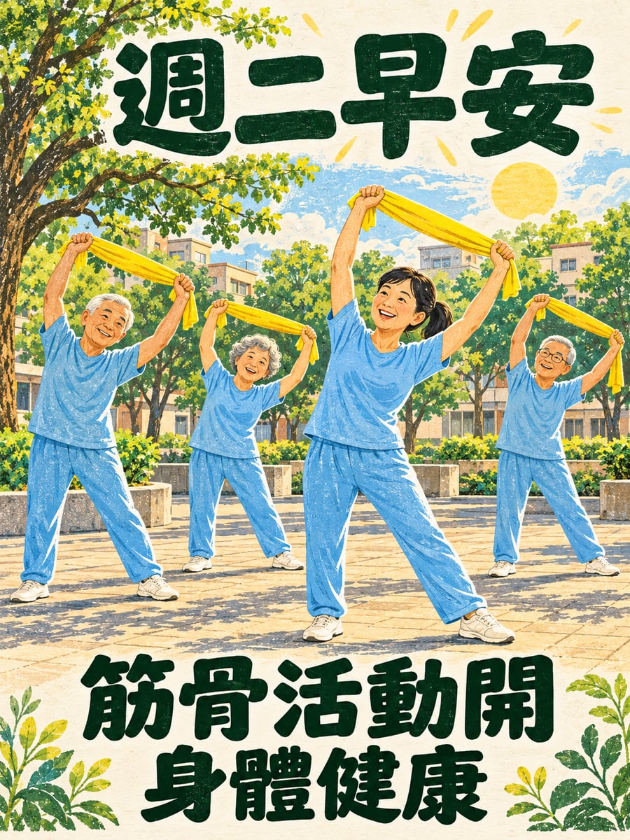 小廣場做毛巾操。圖中文字：週二早安，筋骨活動開，身體健康