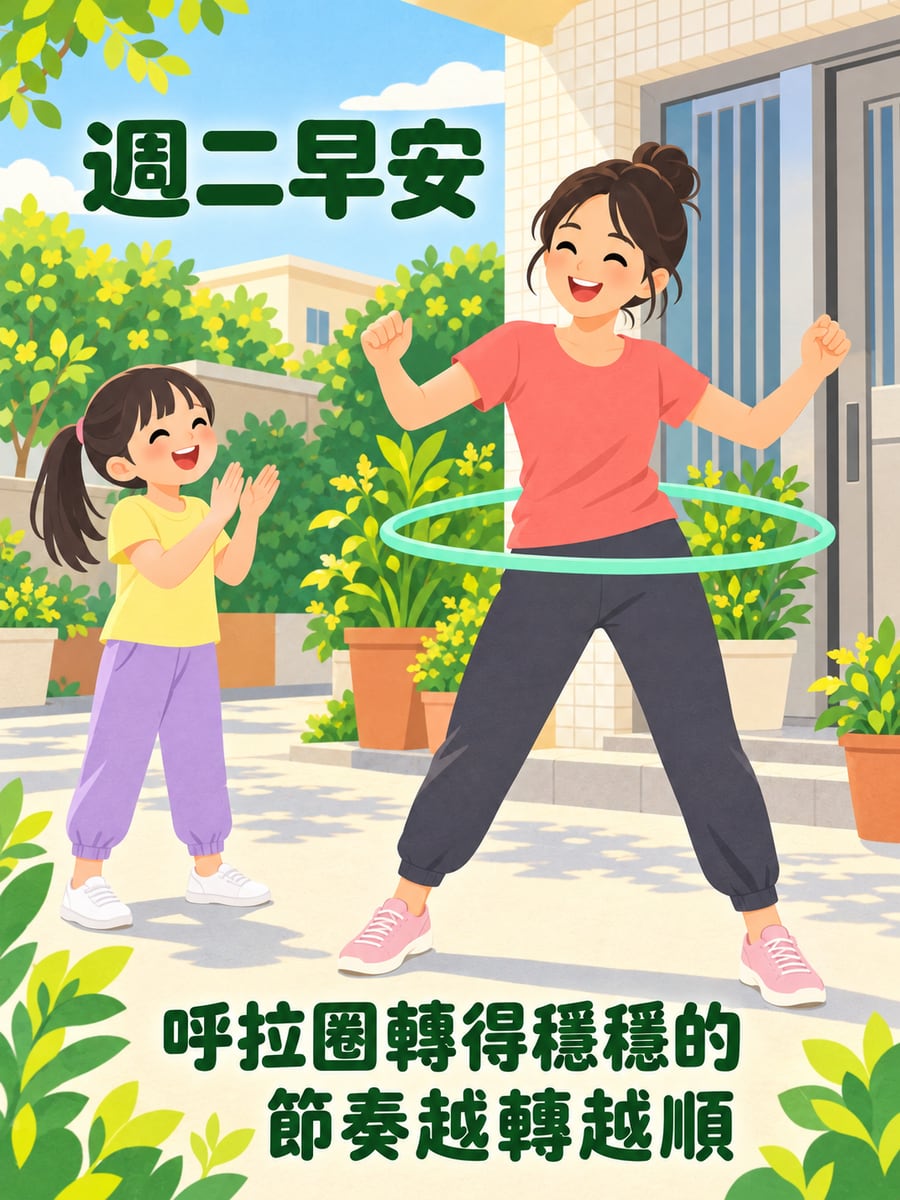 門口轉呼拉圈的媽媽。圖中文字：週二早安，呼拉圈轉得穩穩的，節奏越轉越順