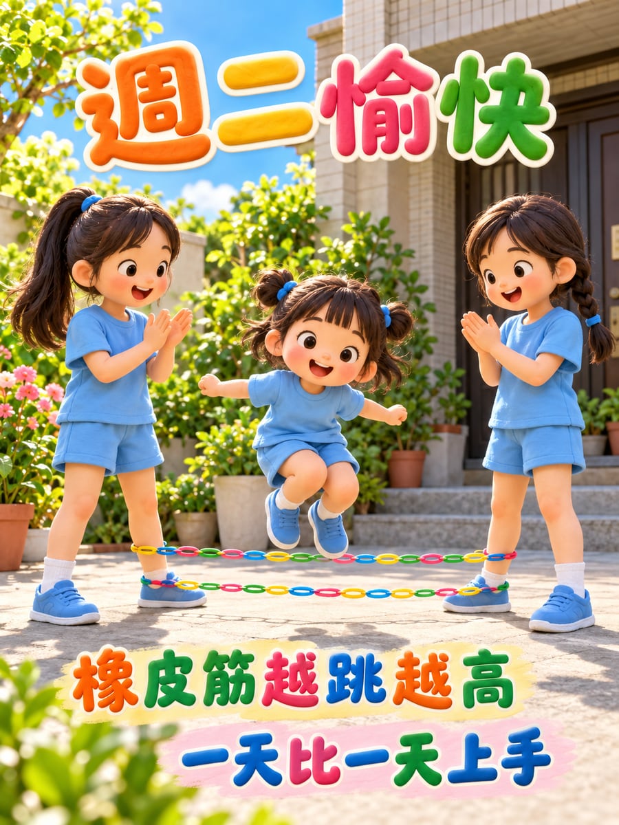姊妹跳橡皮筋。圖中文字：週二愉快，橡皮筋越跳越高，一天比一天上手
