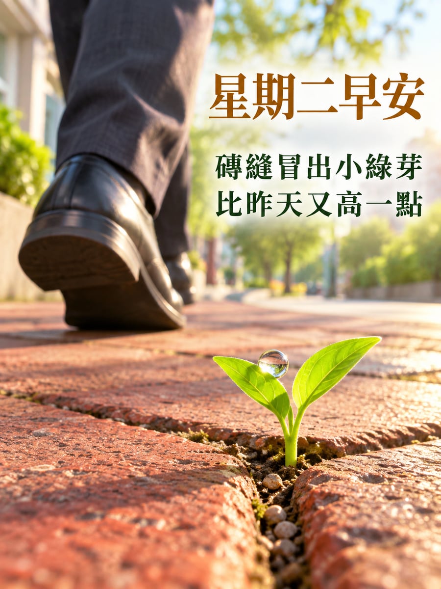 磚縫裡的小綠芽。圖中文字：星期二早安，磚縫冒出小綠芽，比昨天又高一點