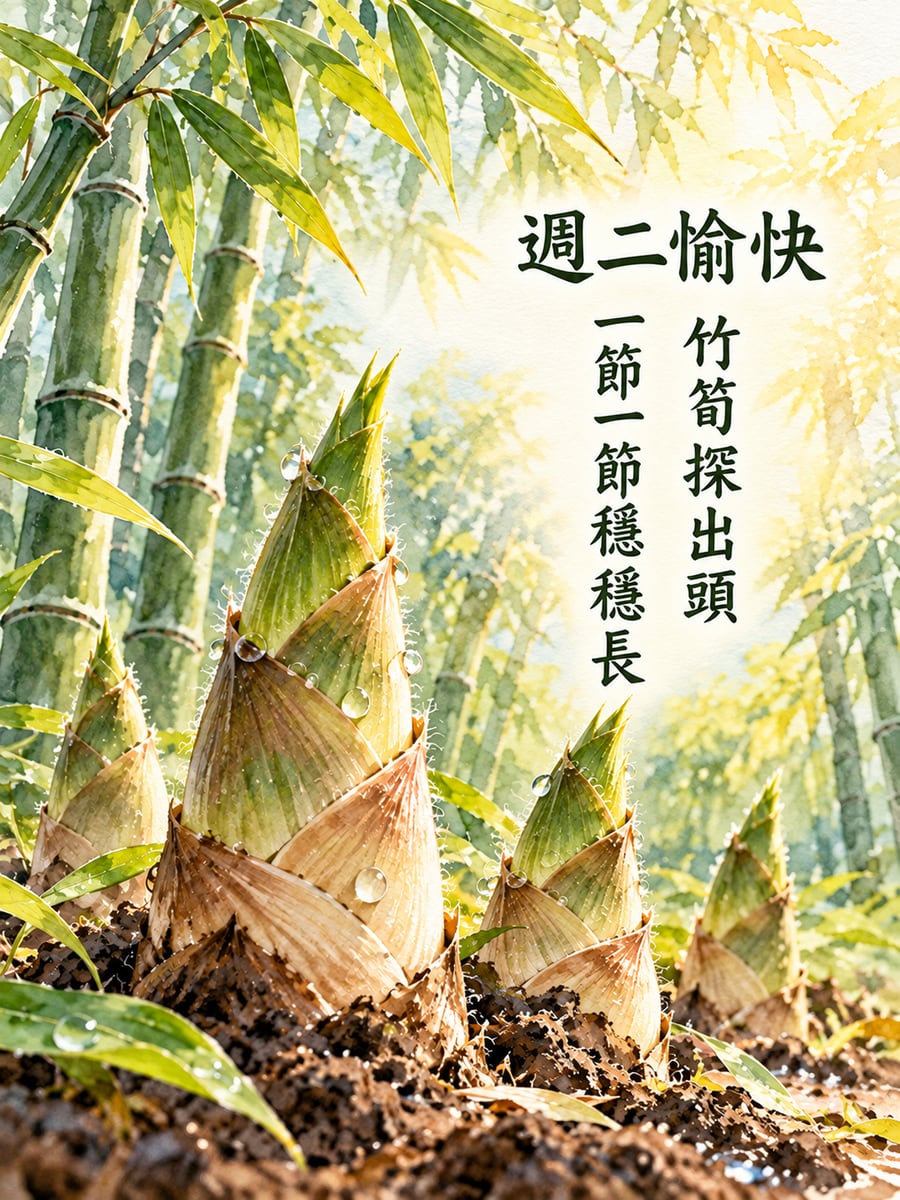 竹林裡冒出的竹筍。圖中文字：週二愉快，竹筍探出頭，一節一節穩穩長