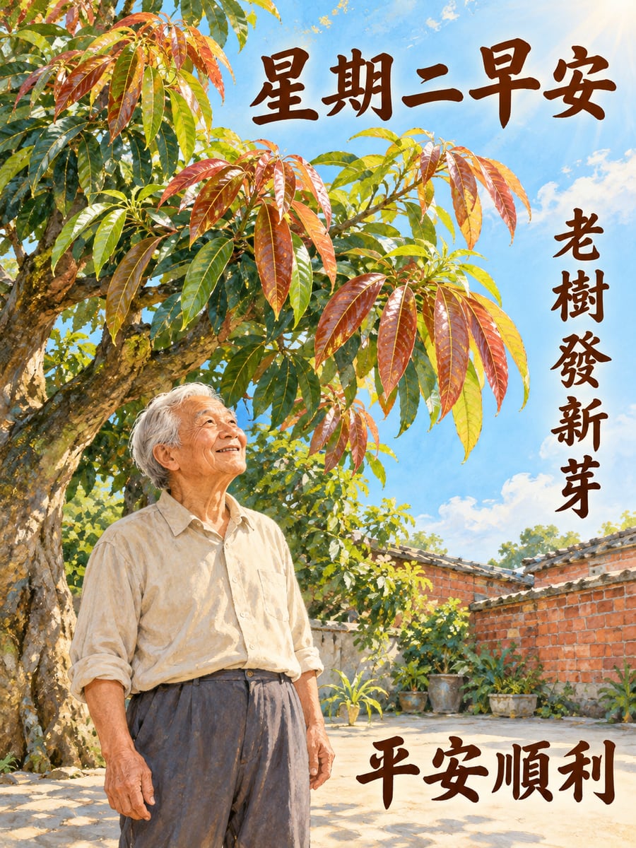 老芒果樹冒出新葉。圖中文字：星期二早安，老樹發新芽，平安順利