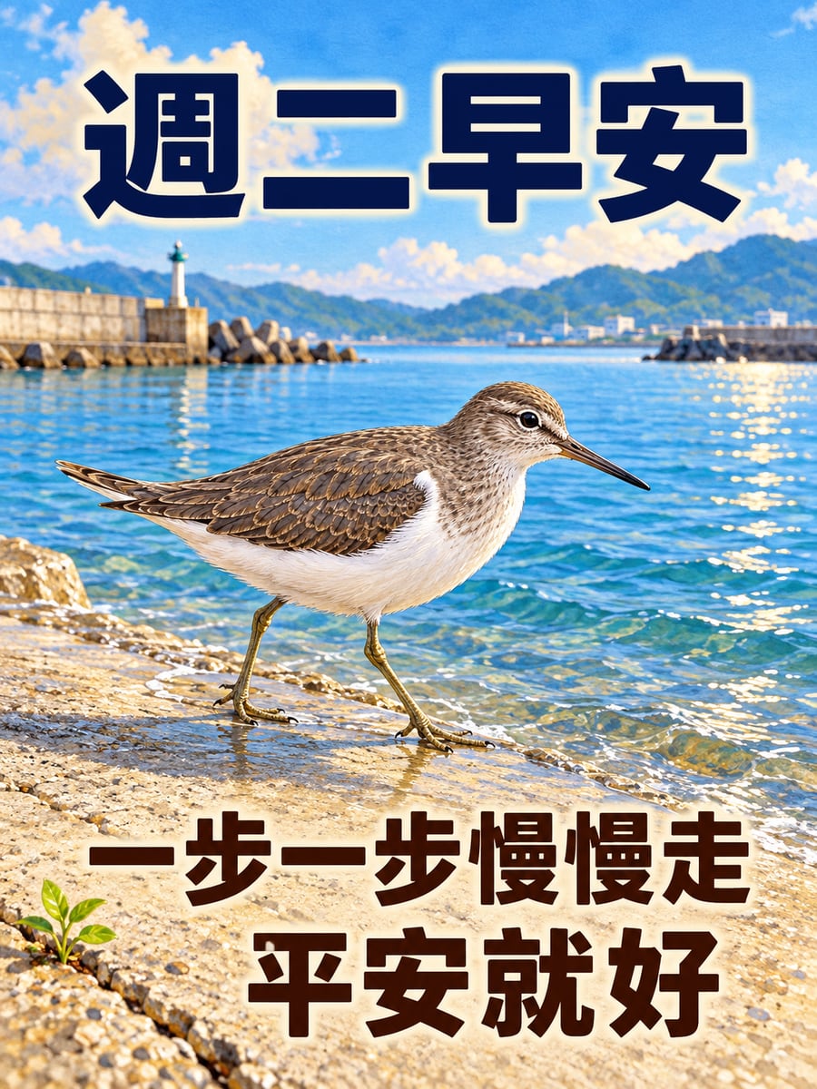 港邊水岸踱步的磯鷸。圖中文字：週二早安，一步一步慢慢走，平安就好