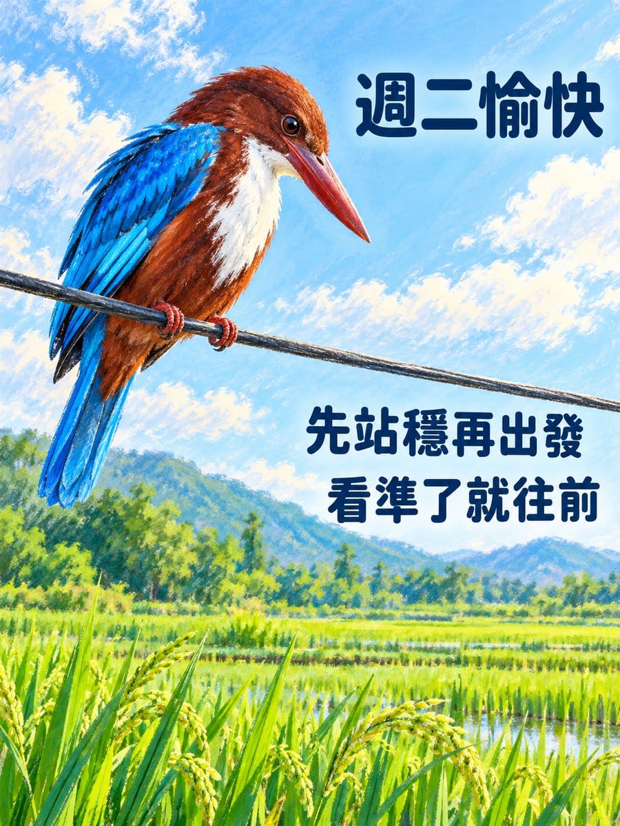 電線上站穩的蒼翡翠。圖中文字：週二愉快，先站穩再出發，看準了就往前