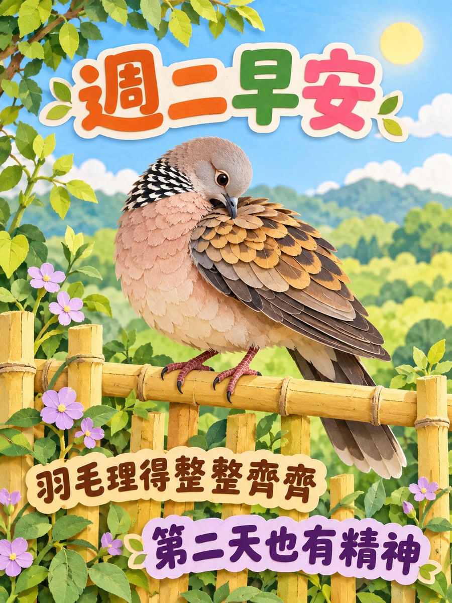 竹籬笆上理羽毛的金背鳩。圖中文字：週二早安，羽毛理得整整齊齊，第二天也有精神