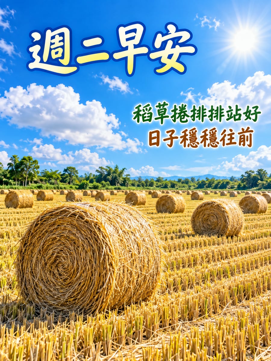 收割後的稻草捲。圖中文字：週二早安，稻草捲排排站好，日子穩穩往前