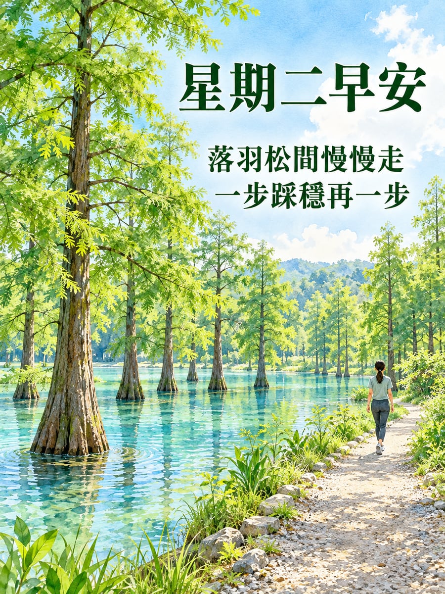 落羽松水岸小徑。圖中文字：星期二早安，落羽松間慢慢走，一步踩穩再一步