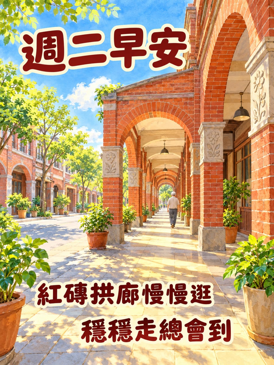 紅磚老街的拱廊。圖中文字：週二早安，紅磚拱廊慢慢逛，穩穩走總會到