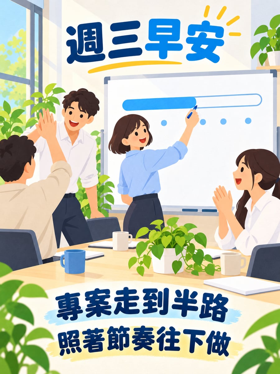 白板進度條塗過半。圖中文字：週三早安，專案走到半路，照著節奏往下做