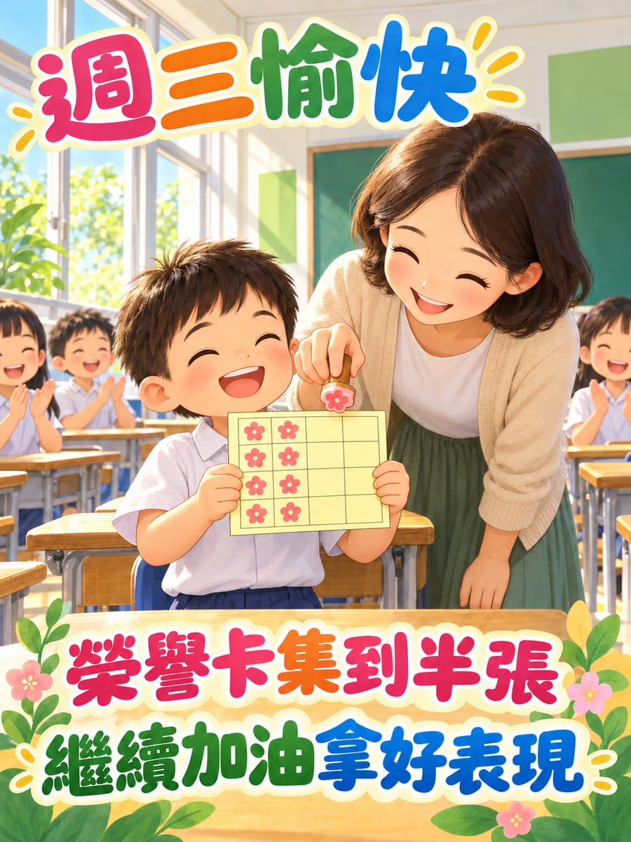 榮譽卡集到半張。圖中文字：週三愉快，榮譽卡集到半張，繼續加油拿好表現