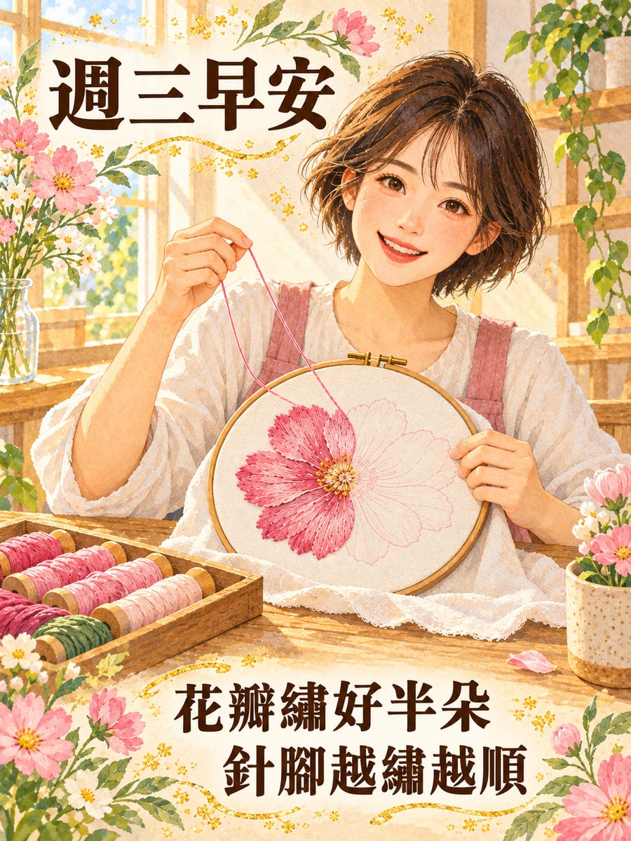 繡框裡的花繡到半朵。圖中文字：週三早安，花瓣繡好半朵，針腳越繡越順