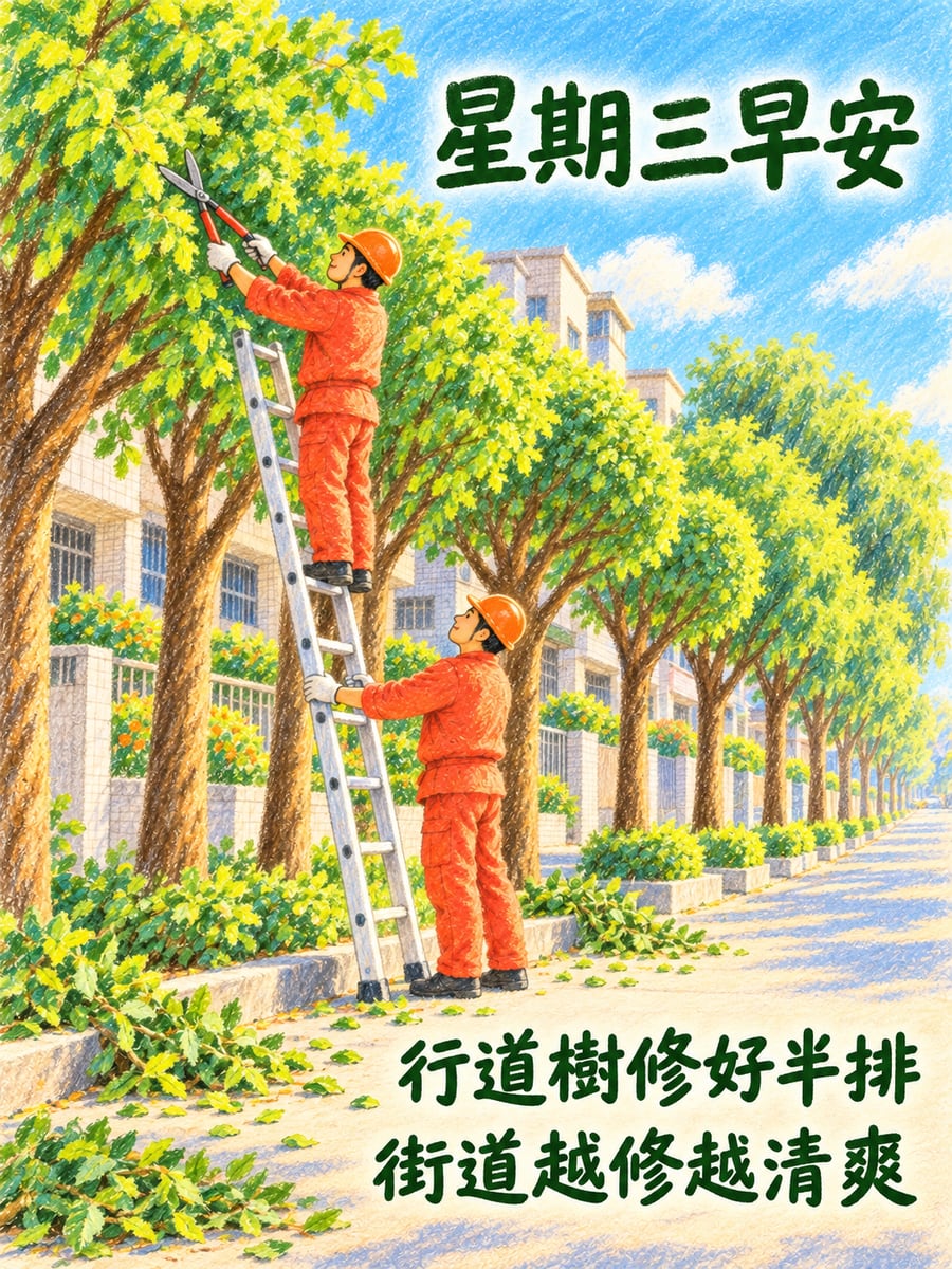 園藝師傅修好半排行道樹。圖中文字：星期三早安，行道樹修好半排，街道越修越清爽