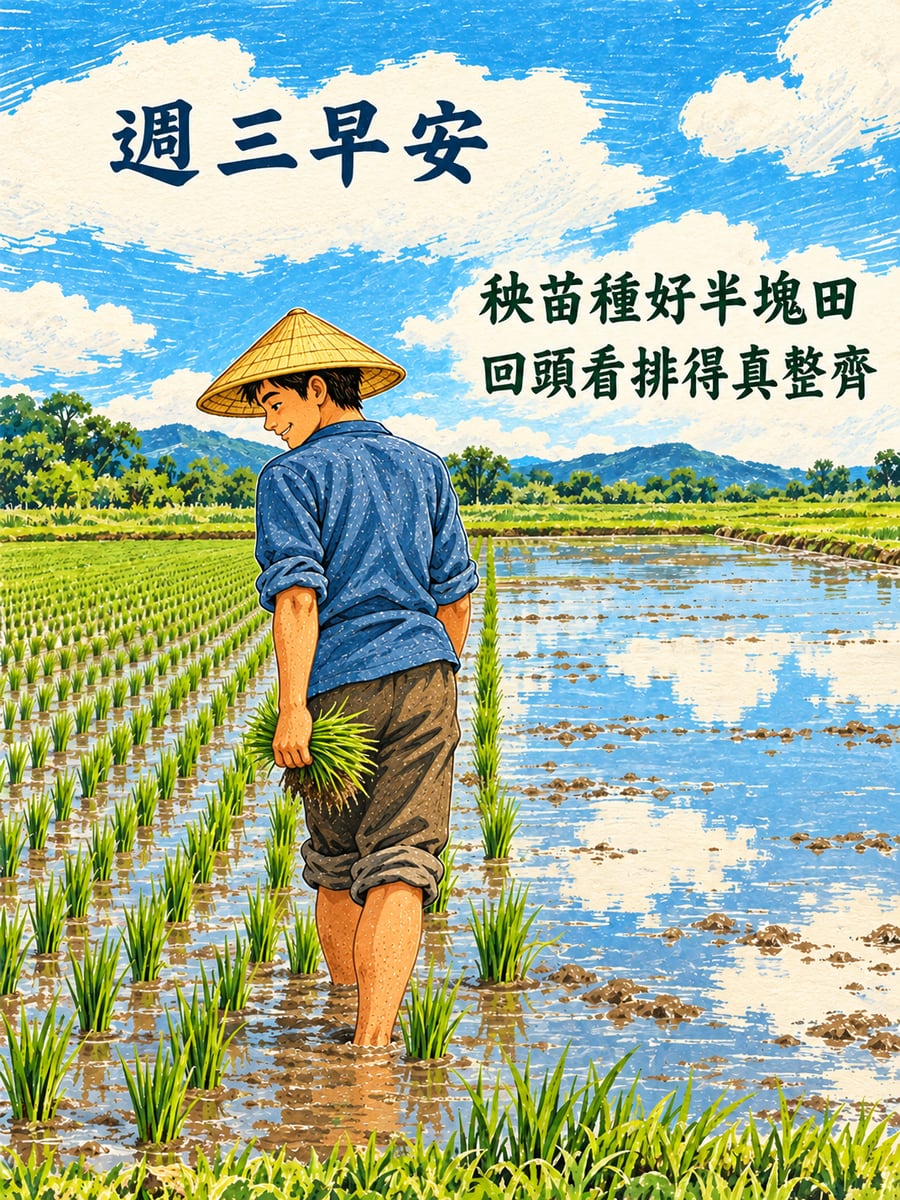 秧苗插好半塊田。圖中文字：週三早安，秧苗種好半塊田，回頭看排得真整齊