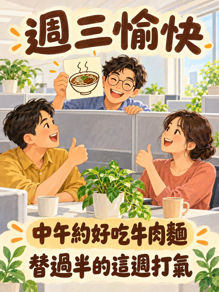隔板上的牛肉麵塗鴉。圖中文字：週三愉快，中午約好吃牛肉麵，替過半的這週打氣