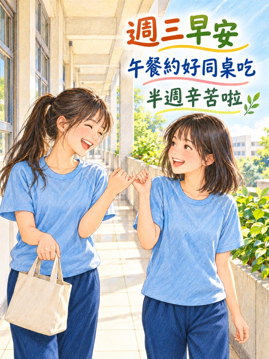 走廊上打勾勾約午餐。圖中文字：週三早安，午餐約好同桌吃，半週辛苦啦
