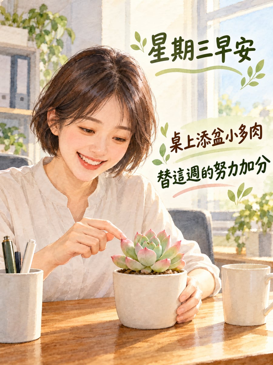 辦公桌添了小多肉。圖中文字：星期三早安，桌上添盆小多肉，替這週的努力加分