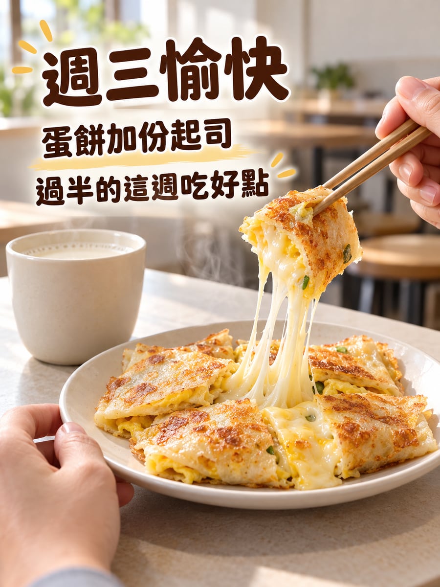 蛋餅多加起司。圖中文字：週三愉快，蛋餅加份起司，過半的這週吃好點