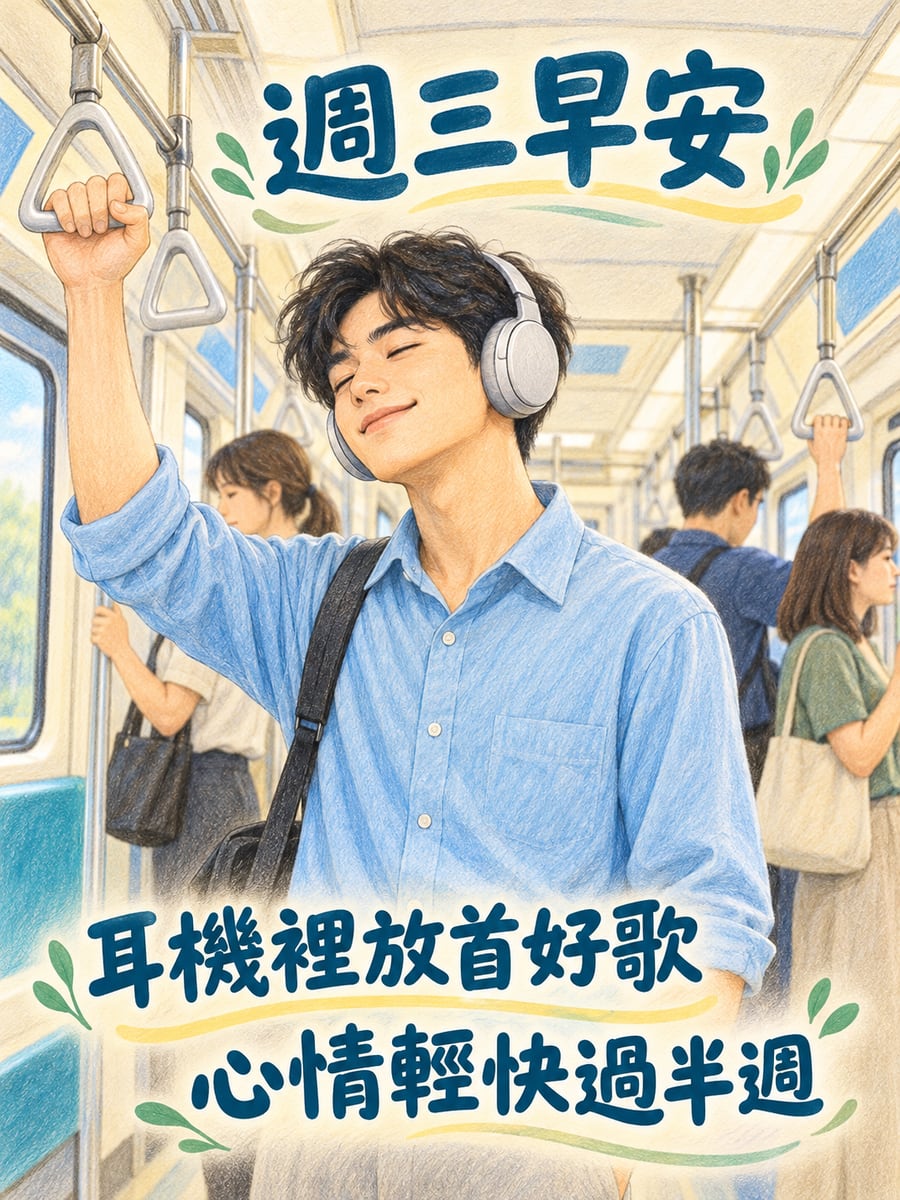 通勤路上聽首好歌。圖中文字：週三早安，耳機裡放首好歌，心情輕快過半週