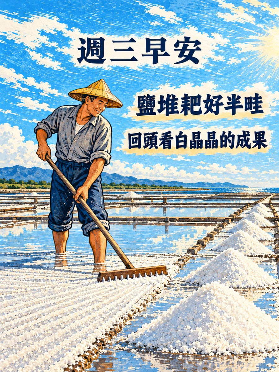 鹽田的鹽堆耙到半畦。圖中文字：週三早安，鹽堆耙好半畦，回頭看白晶晶的成果