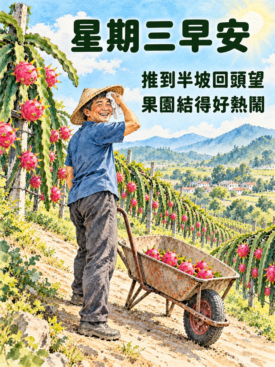 果農推車到半坡。圖中文字：星期三早安，推到半坡回頭望，果園結得好熱鬧