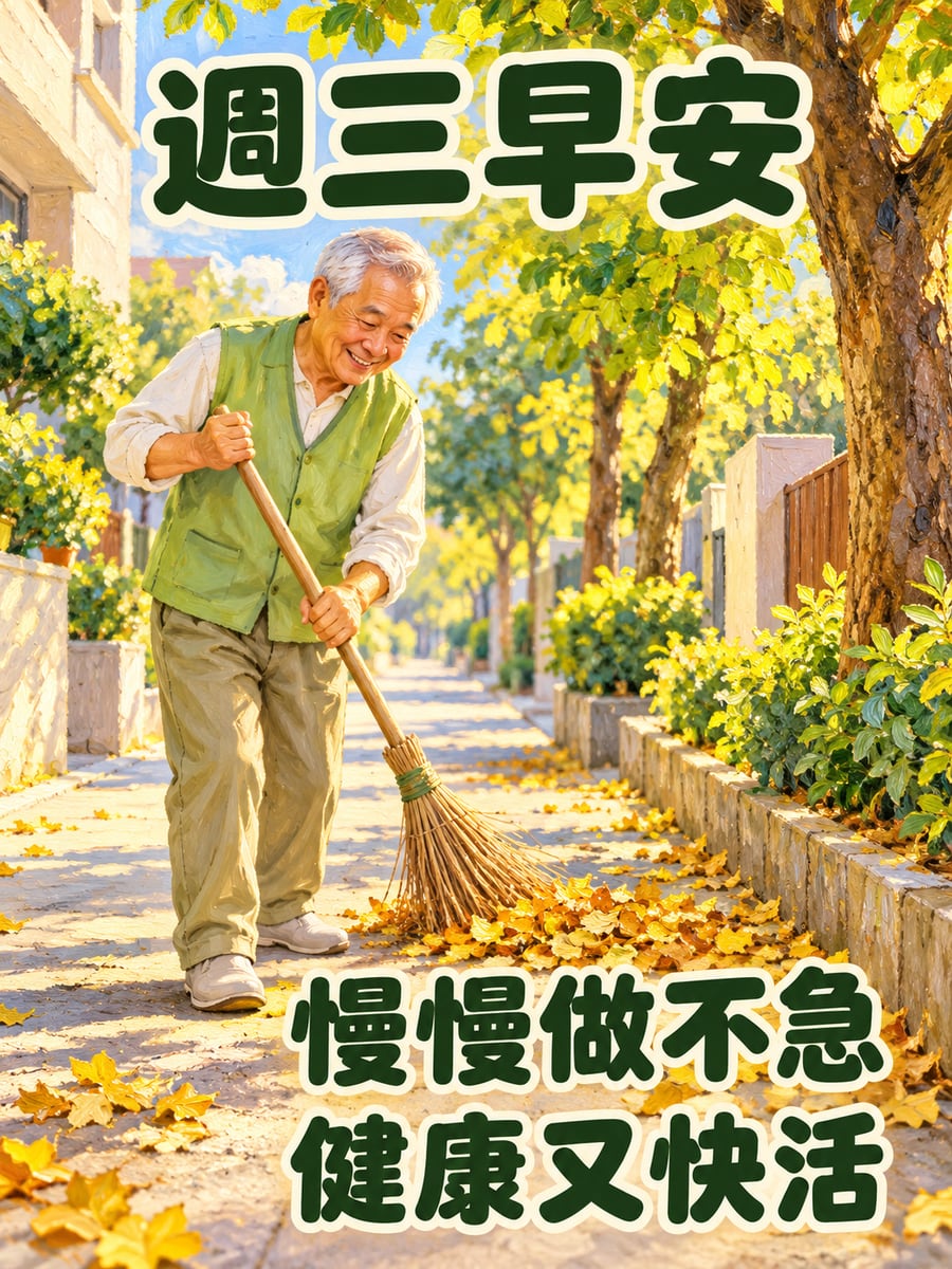 志工阿伯掃人行道。圖中文字：週三早安，慢慢做不急，健康又快活