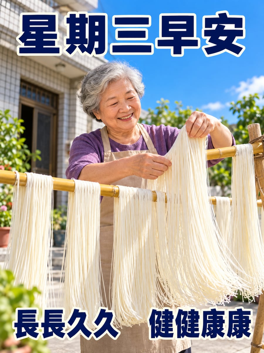 阿嬤晾手工麵線。圖中文字：星期三早安，長長久久，健健康康