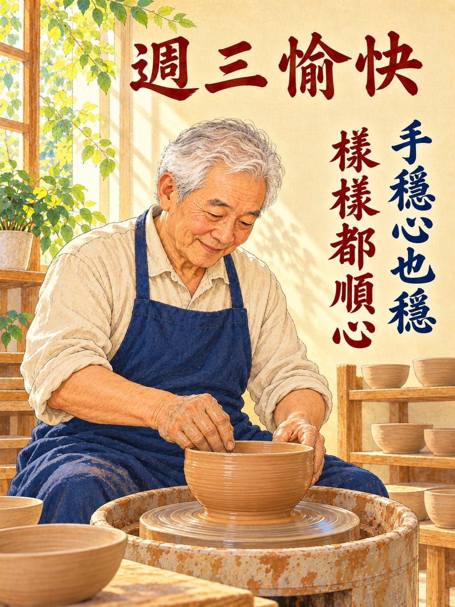 阿公拉坯做陶碗。圖中文字：週三愉快，手穩心也穩，樣樣都順心
