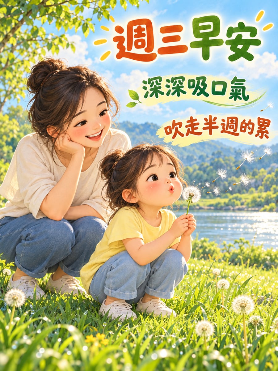 吸口氣吹蒲公英。圖中文字：週三早安，深深吸口氣，吹走半週的累