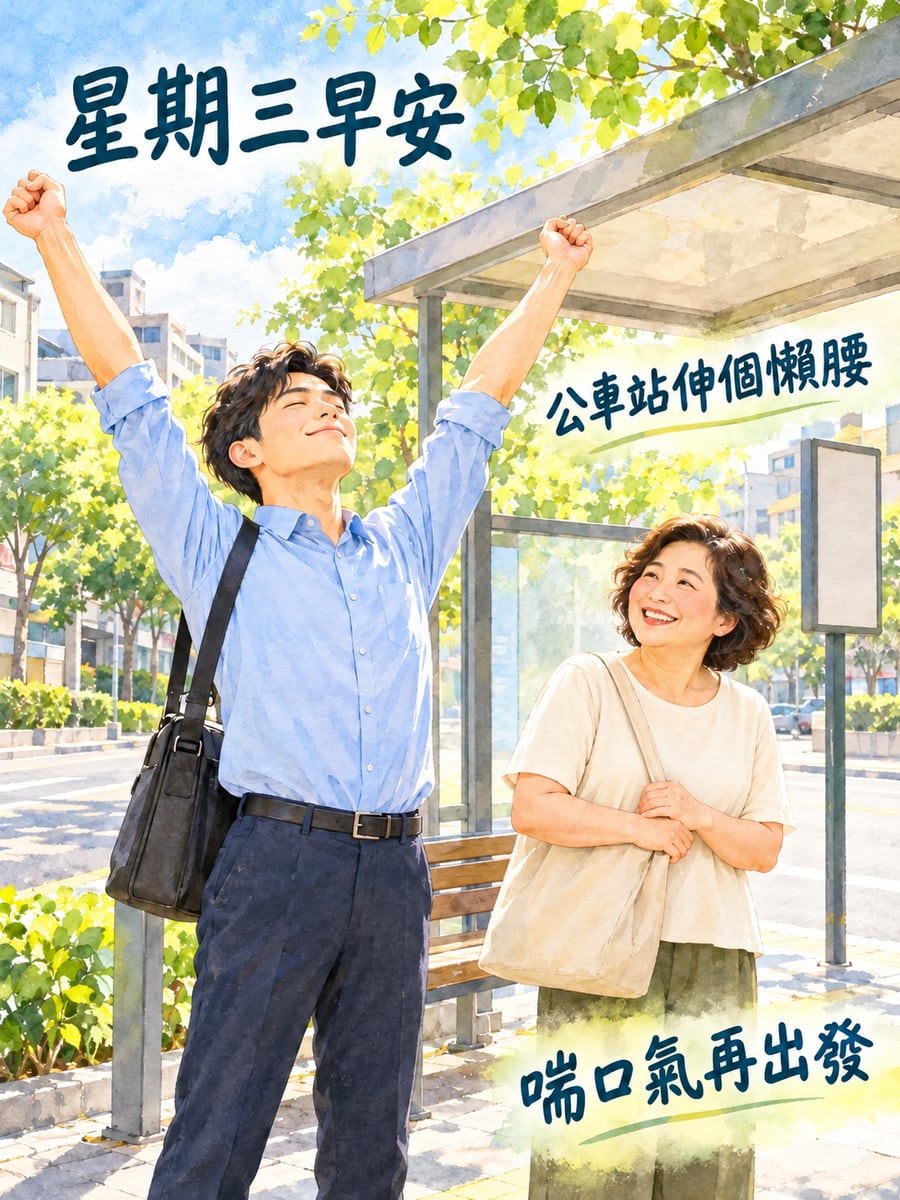 公車站伸個大懶腰。圖中文字：星期三早安，公車站伸個懶腰，喘口氣再出發