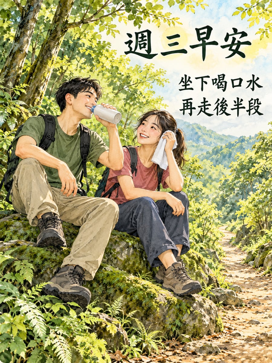 步道大石頭歇腳。圖中文字：週三早安，坐下喝口水，再走後半段