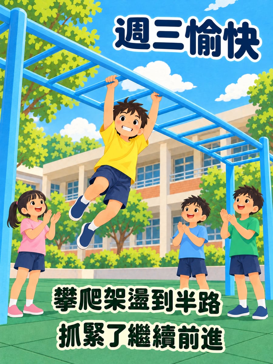 攀爬架盪到半路。圖中文字：週三愉快，攀爬架盪到半路，抓緊了繼續前進