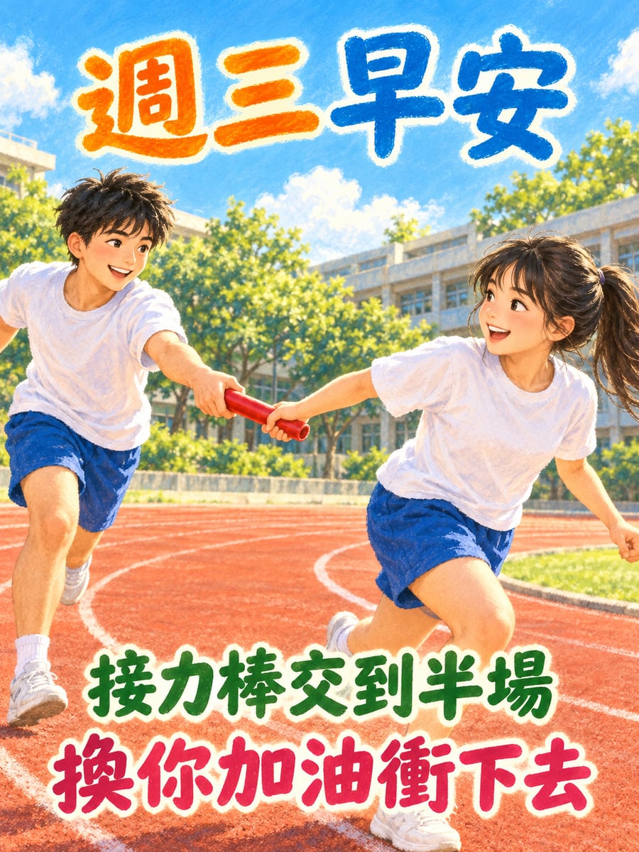 接力賽順利交棒。圖中文字：週三早安，接力棒交到半場，換你加油衝下去