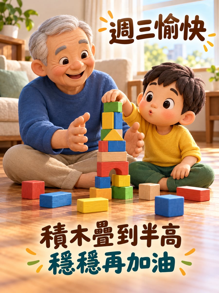 祖孫疊積木疊到半高。圖中文字：週三愉快，積木疊到半高，穩穩再加油
