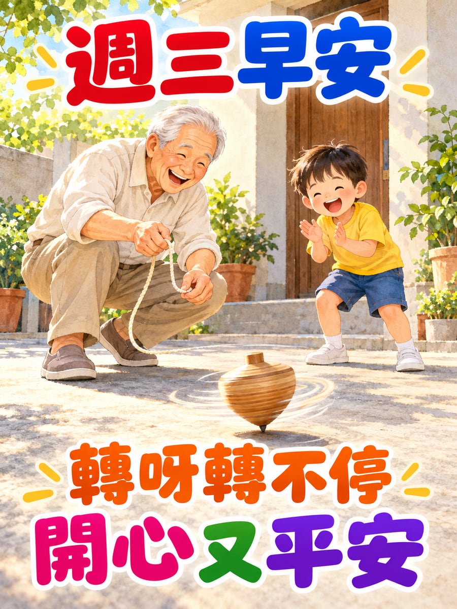 阿公教孫子打陀螺。圖中文字：週三早安，轉呀轉不停，開心又平安