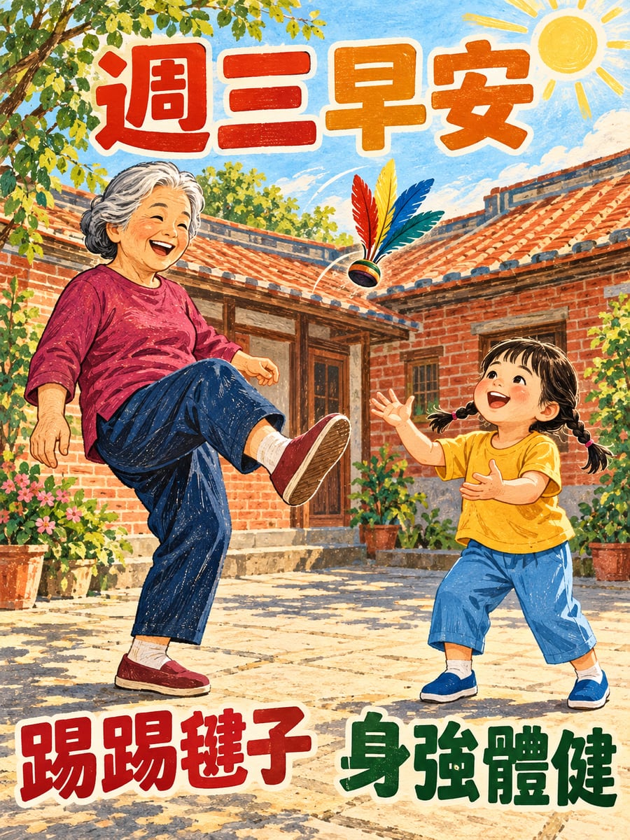 阿嬤教孫女踢毽子。圖中文字：週三早安，踢踢毽子，身強體健