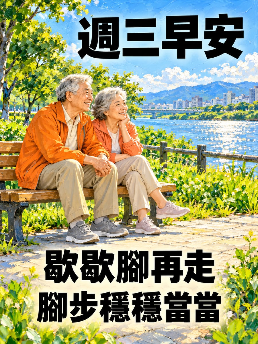 老夫妻河濱長椅歇腳。圖中文字：週三早安，歇歇腳再走，腳步穩穩當當