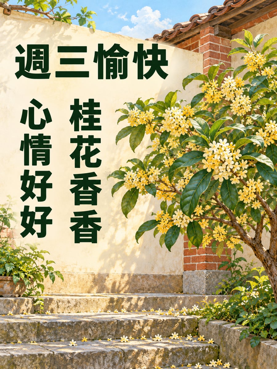庭院的桂花開了。圖中文字：週三愉快，桂花香香，心情好好
