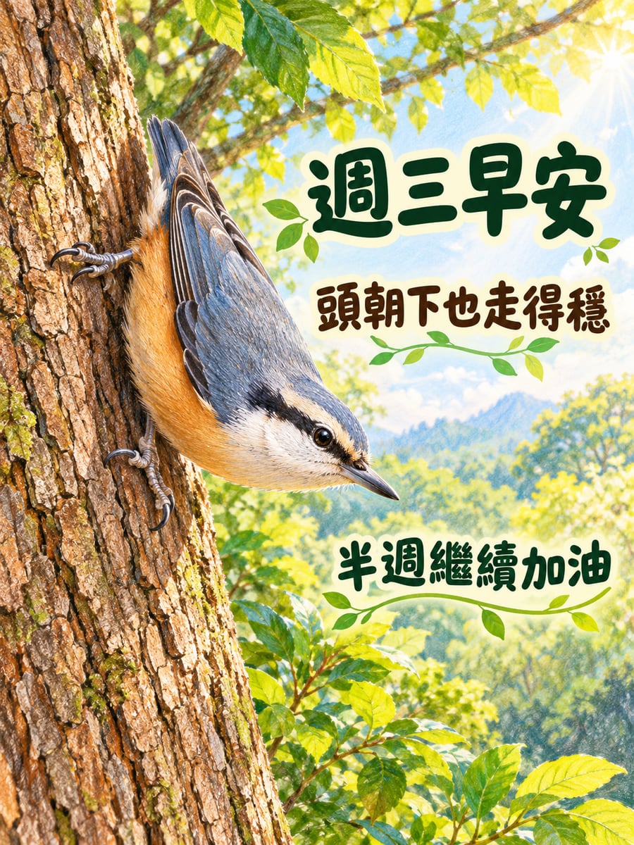 頭朝下走樹幹的茶腹鳾。圖中文字：週三早安，頭朝下也走得穩，半週繼續加油