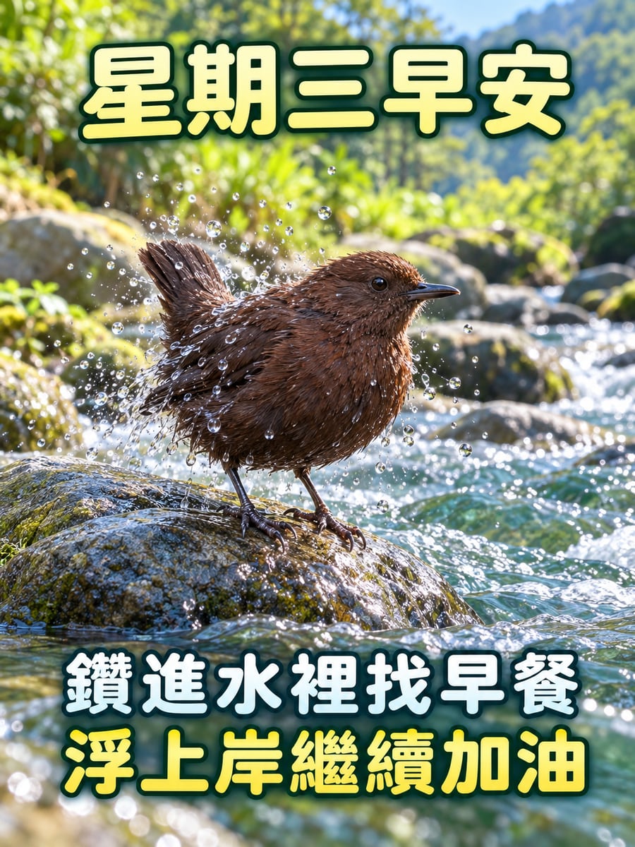 河烏潛水再冒出頭。圖中文字：星期三早安，鑽進水裡找早餐，浮上岸繼續加油
