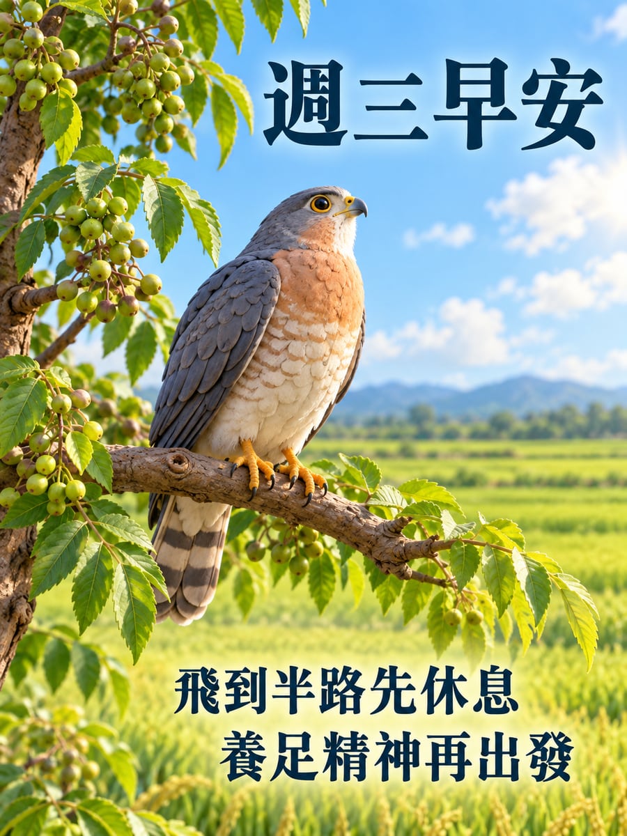 過境途中歇腳的赤腹鷹。圖中文字：週三早安，飛到半路先休息，養足精神再出發
