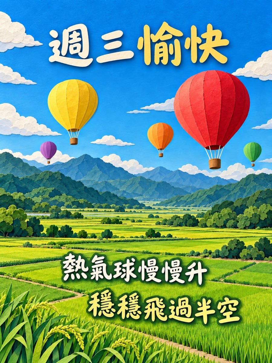 晨空裡慢慢升起的熱氣球。圖中文字：週三愉快，熱氣球慢慢升，穩穩飛過半空