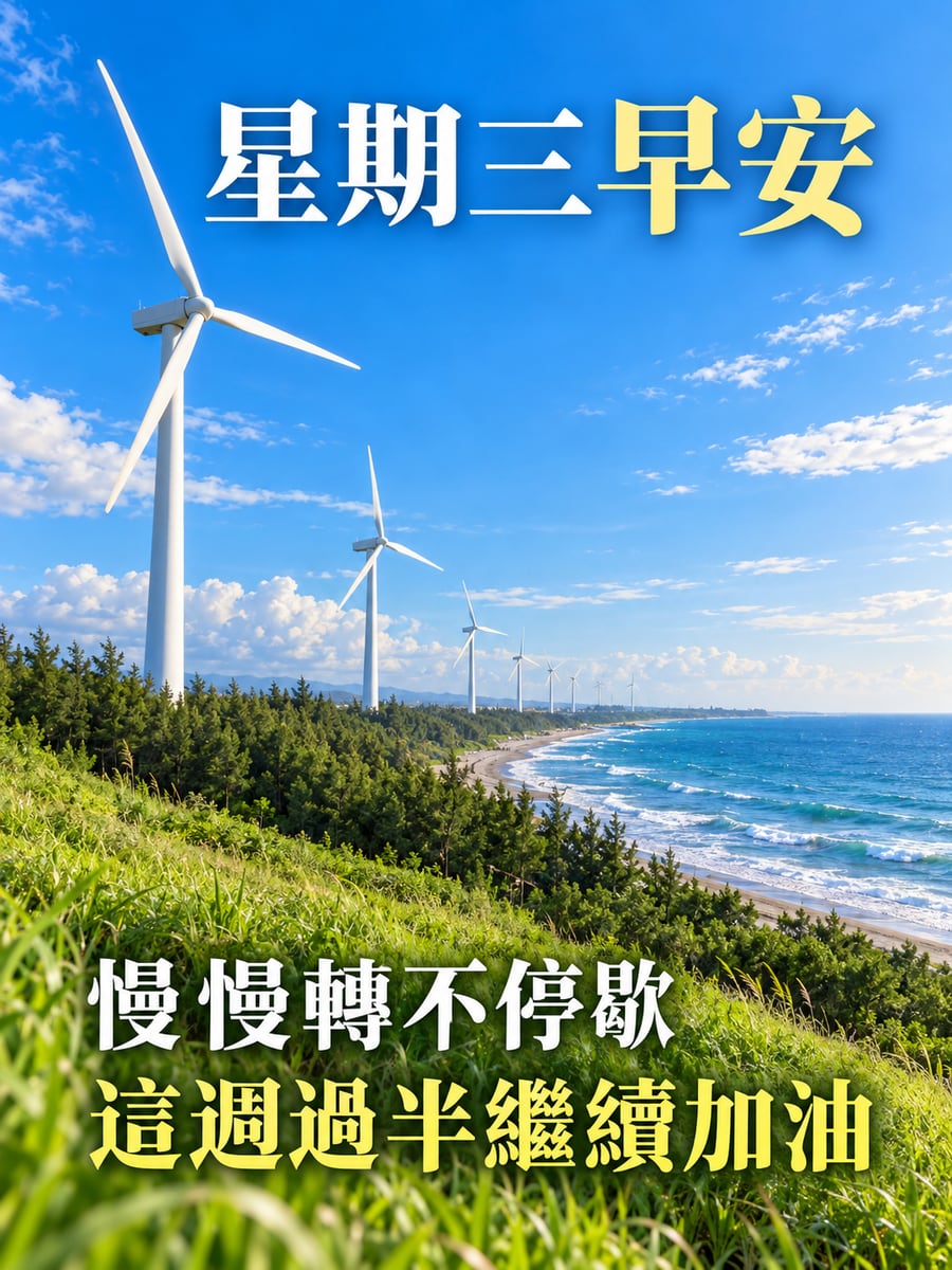 海岸風力發電機慢慢轉。圖中文字：星期三早安，慢慢轉不停歇，這週過半繼續加油