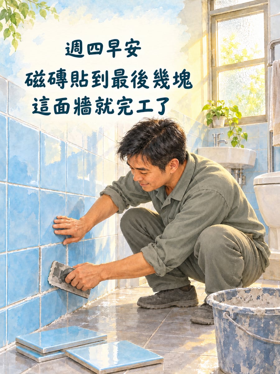 磁磚師傅貼上最後幾塊磁磚。圖中文字：週四早安，磁磚貼到最後幾塊，這面牆就完工了