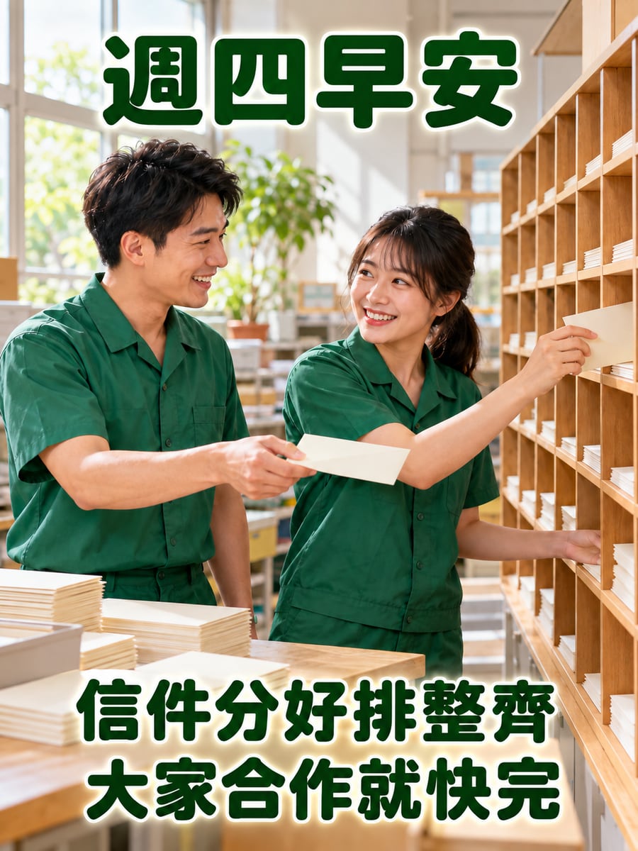 郵差同事一起分信。圖中文字：週四早安，信件分好排整齊，大家合作就快完