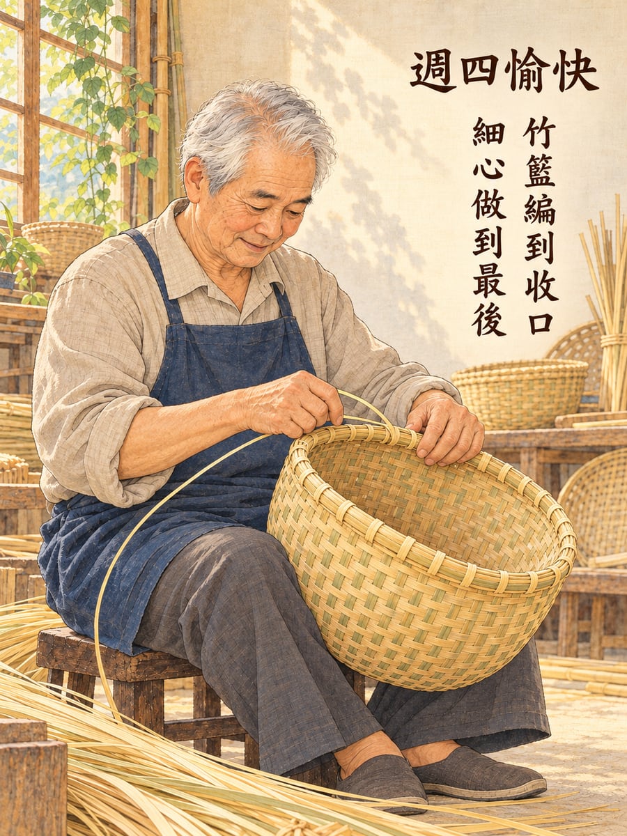 竹編師傅收好籃口。圖中文字：週四愉快，竹籃編到收口，細心做到最後