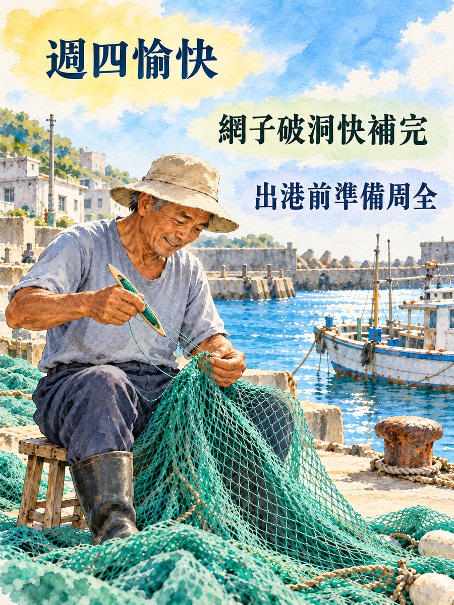 漁港阿伯補漁網。圖中文字：週四愉快，網子破洞快補完，出港前準備周全